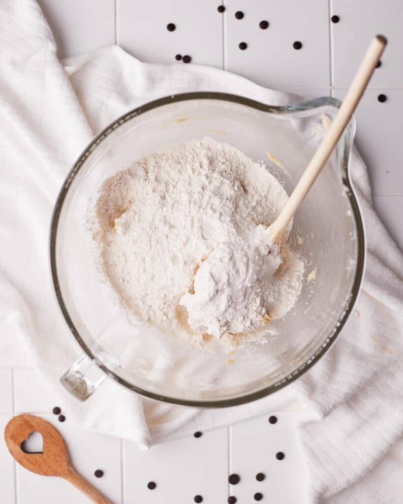 process shot of making no bake cookie dough bites.