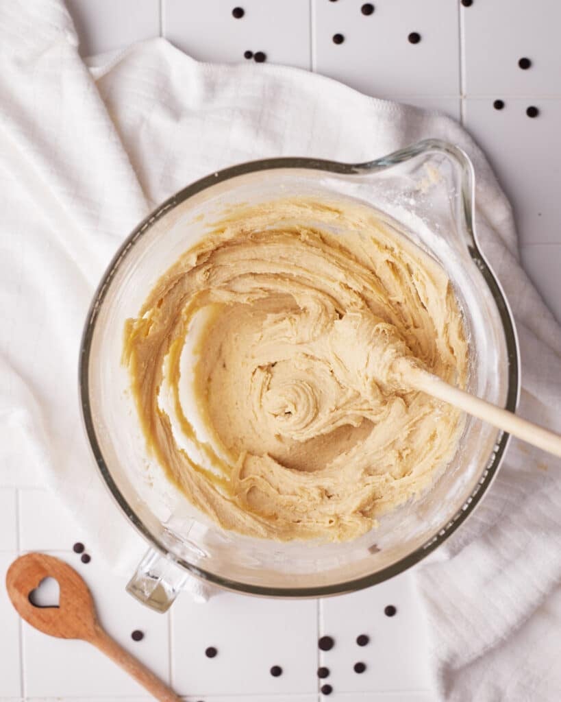 process shot of making no bake cookie dough bites.