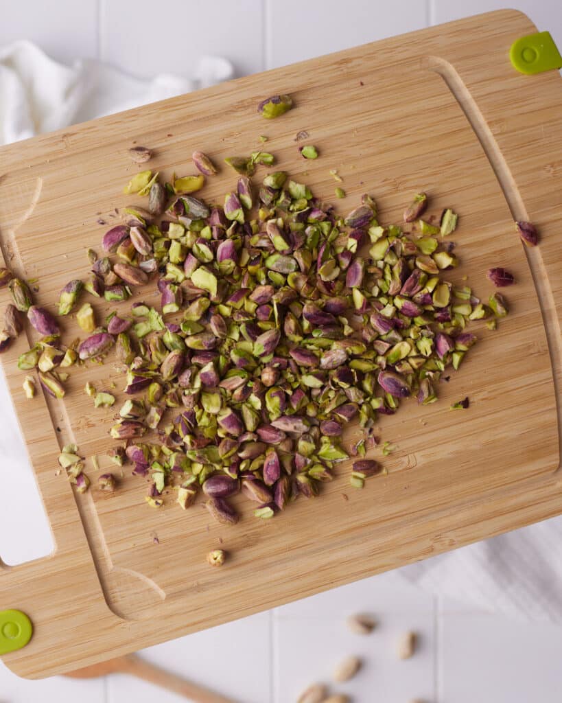 chopped pistachios ready to go into pistachio cookies.