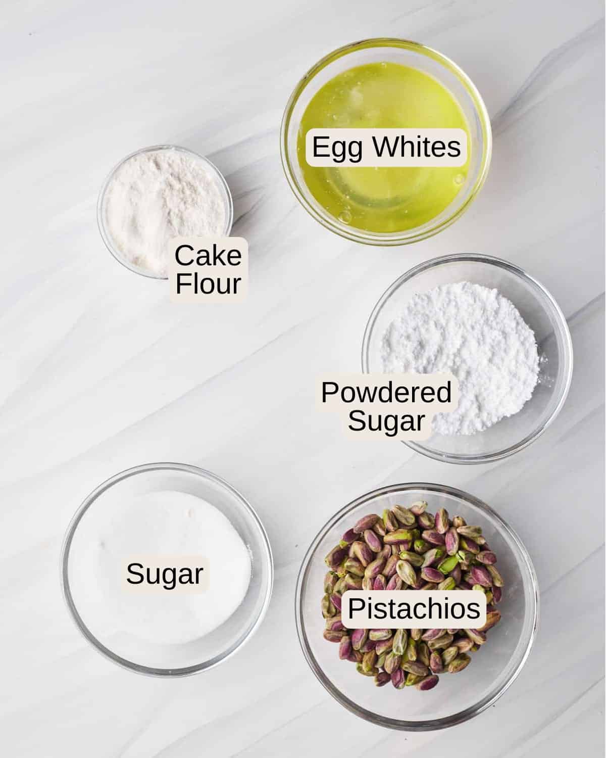 ingredients to make pistachio dacquoise cake.