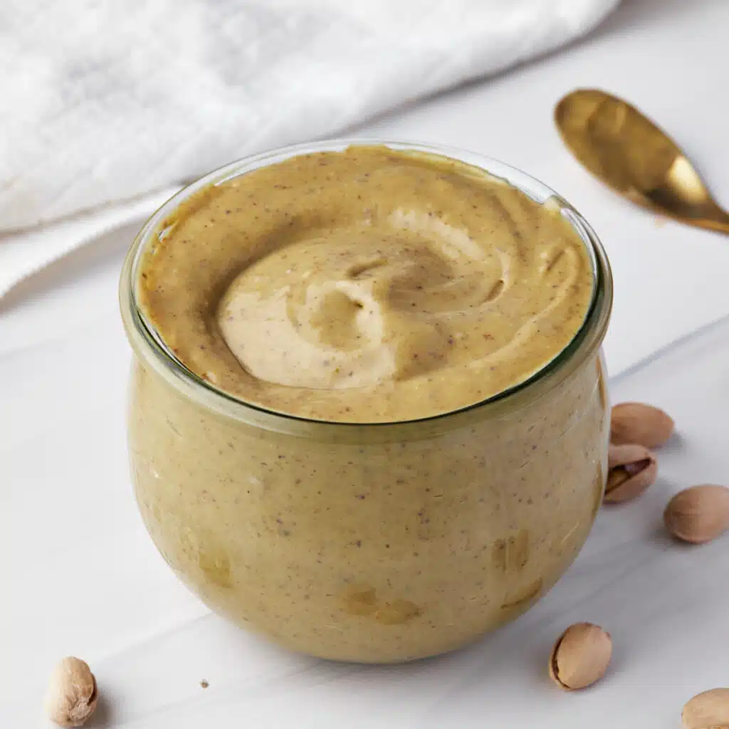 homemade pistachio cream in a glass jar.