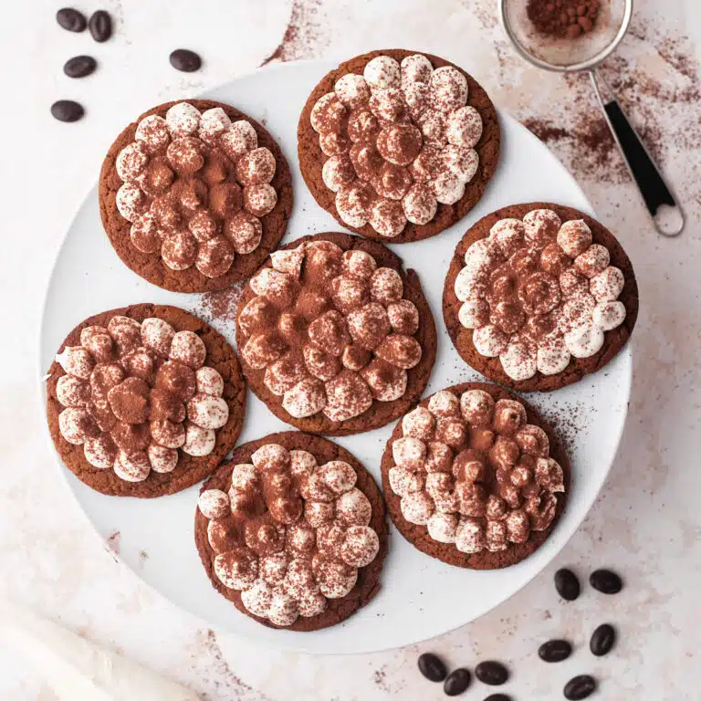 Tiramisu cookies on a plate, dusted with cocoa powder.