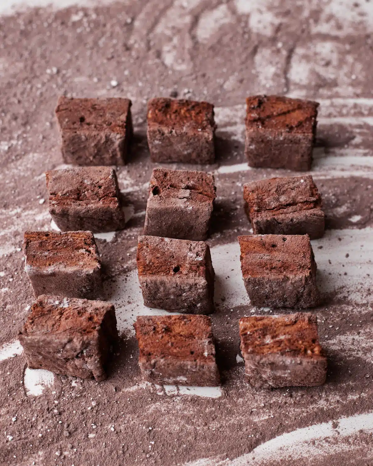 chocolate marshmallows all lined up in a row. 