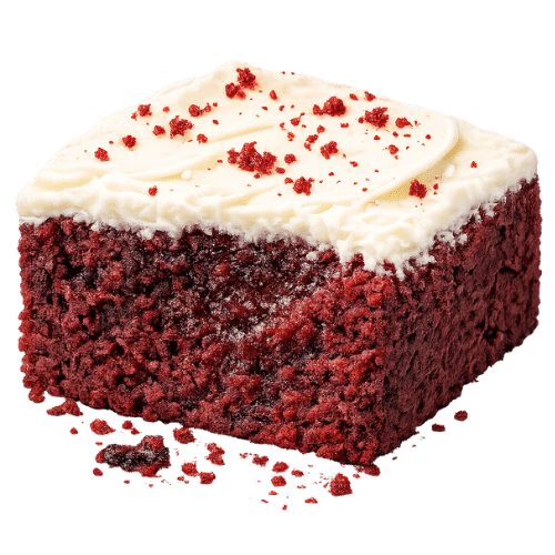 Red velvet brownie with cream cheese frosting that has been underbaked and is raw in the middle.