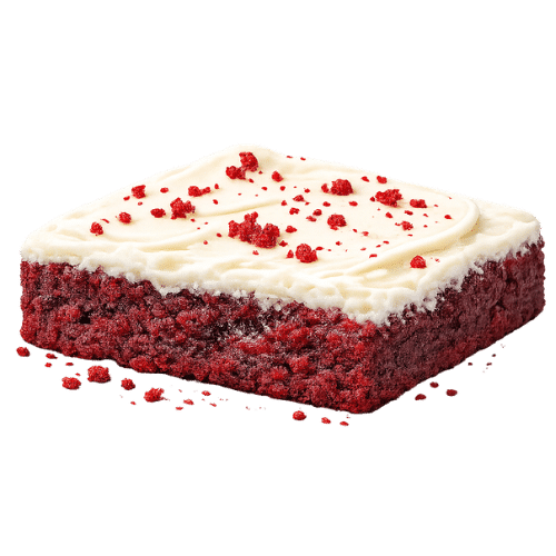 Red velvet brownie with cream cheese frosting that turned out too flat due to overmixing.