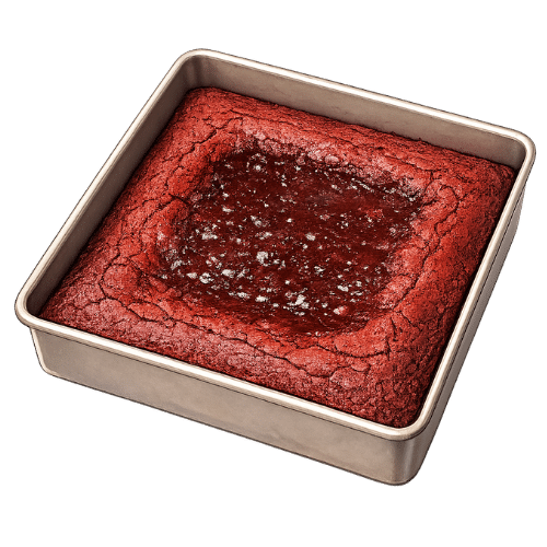 Square pan with red velvet brownies baking in it, the. middle is still raw.