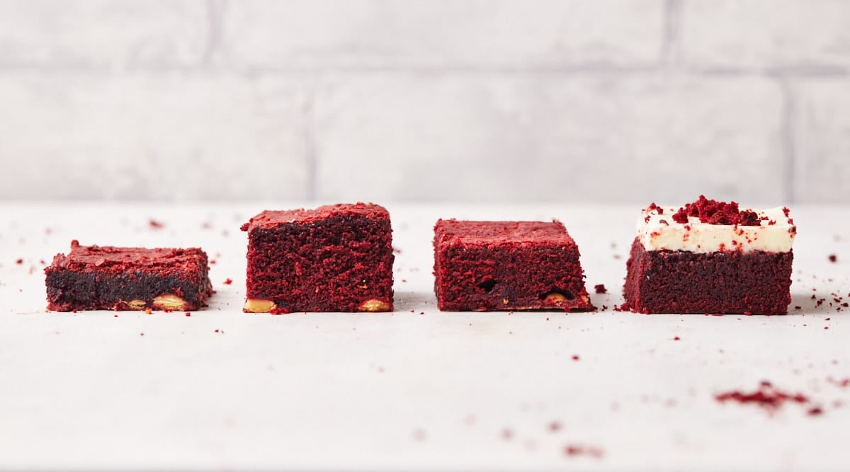 comparison image of various recipe iterations of red velvet brownies through the recipe development process. 