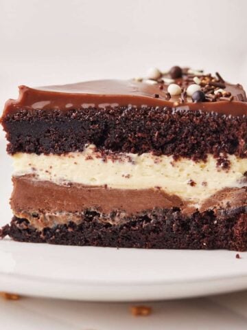 Slice of homemade tuxedo cake showing the layers of chocolate cake, dark chocolate mousse, white chocolate mousse, and ganache.