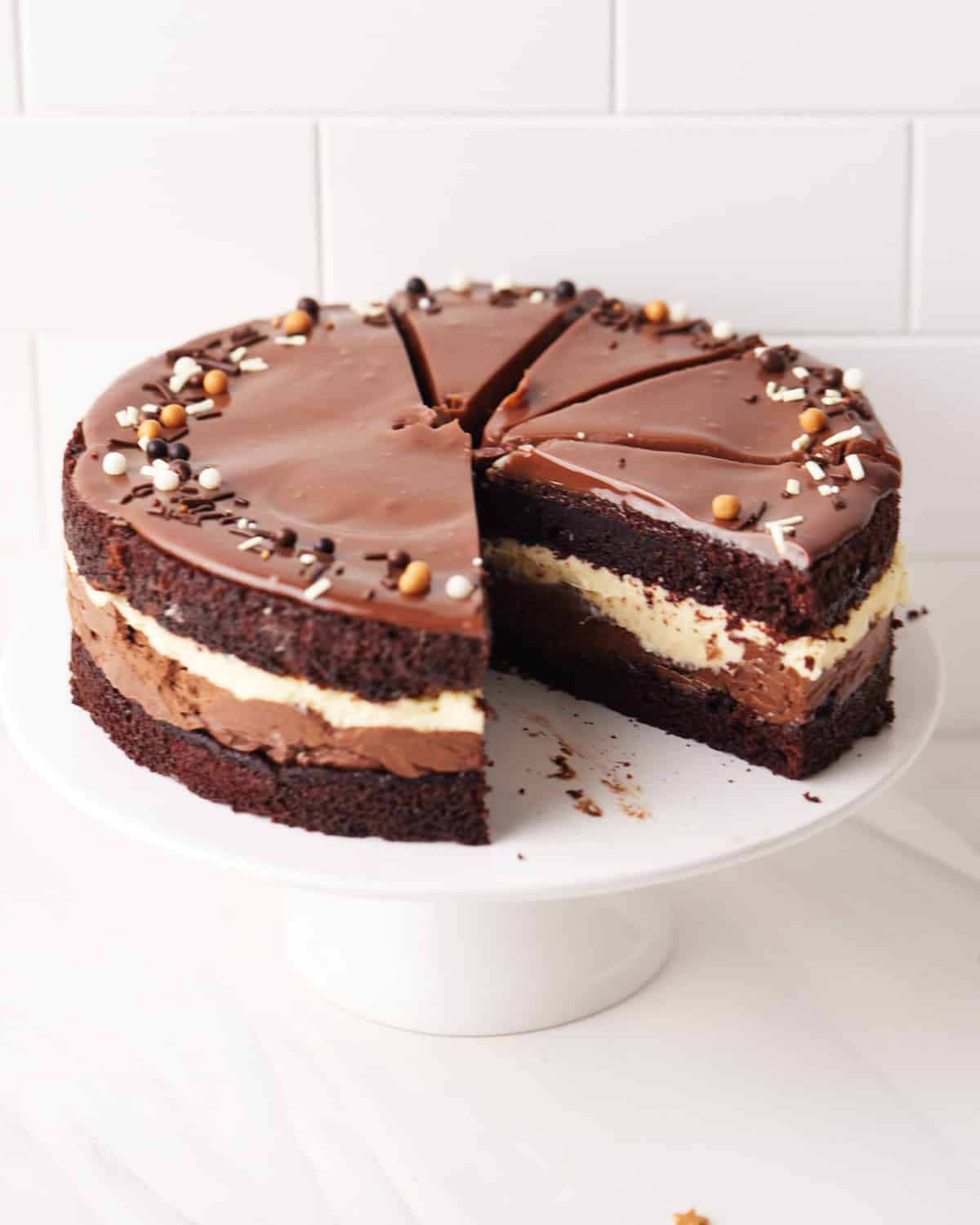 tuxedo cake cut into slices.
