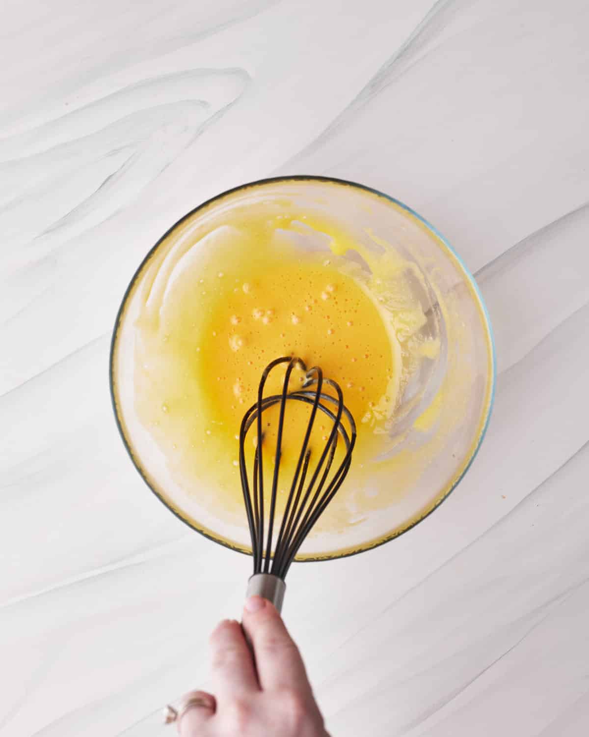 whisked egg yolks for chocolate mousse. 