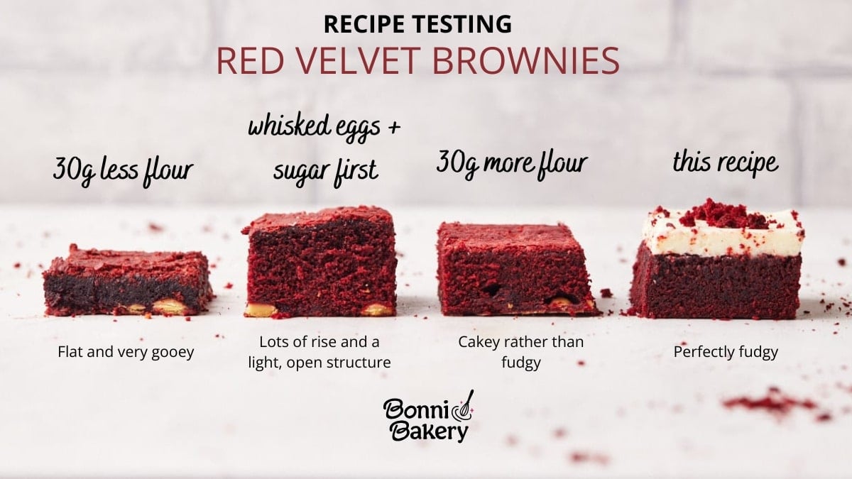 comparison image showing several different test batches of red velvet brownies and the effect of small changes to the recipe.