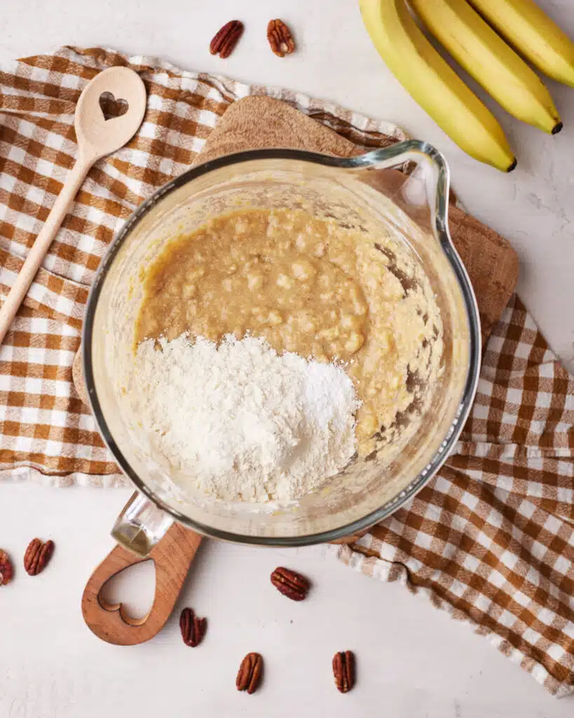 process shot of making brown butter banana bread.