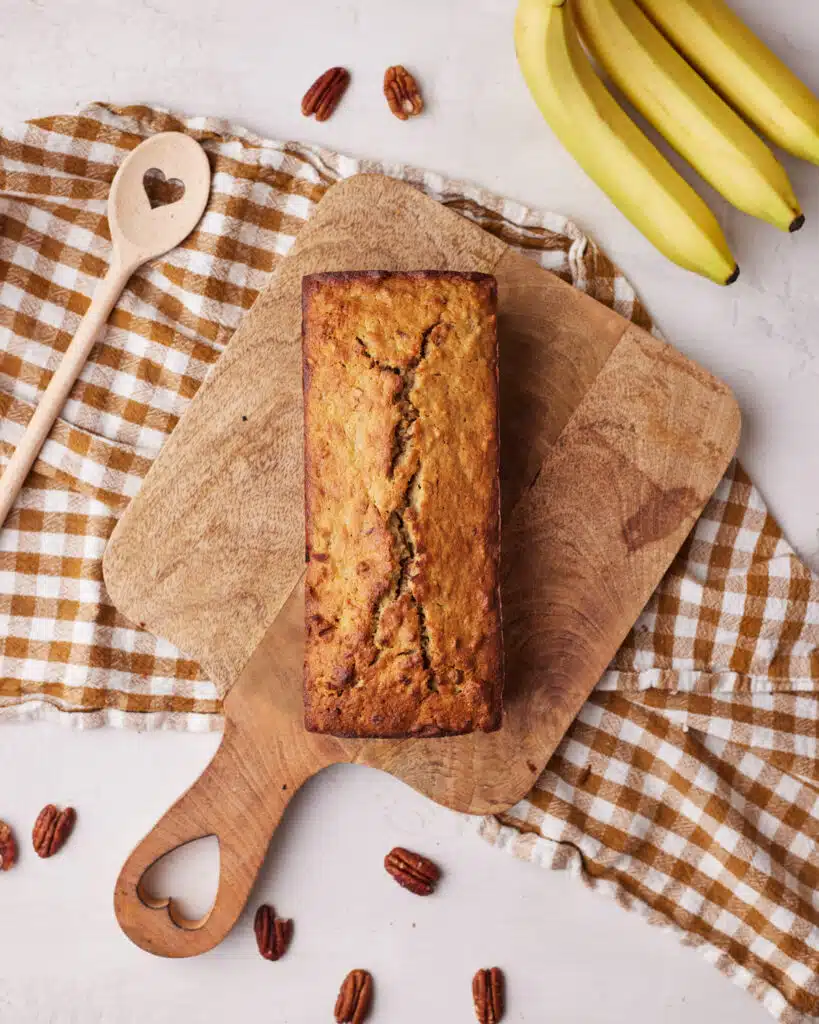 Baked brown butter banana bread, cooling.
