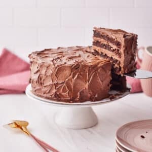 Chocolate Fudge Cake with a slice being taken out.