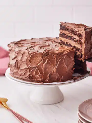 Chocolate Fudge Cake with a slice being taken out.