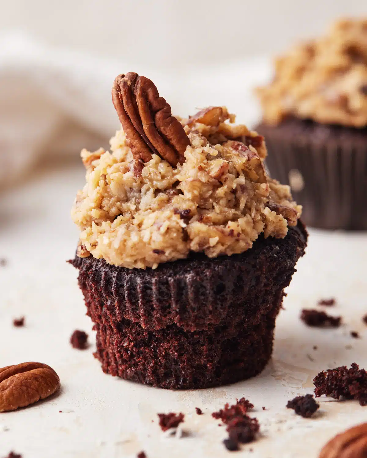 Close up of a german chocolate cupcake.