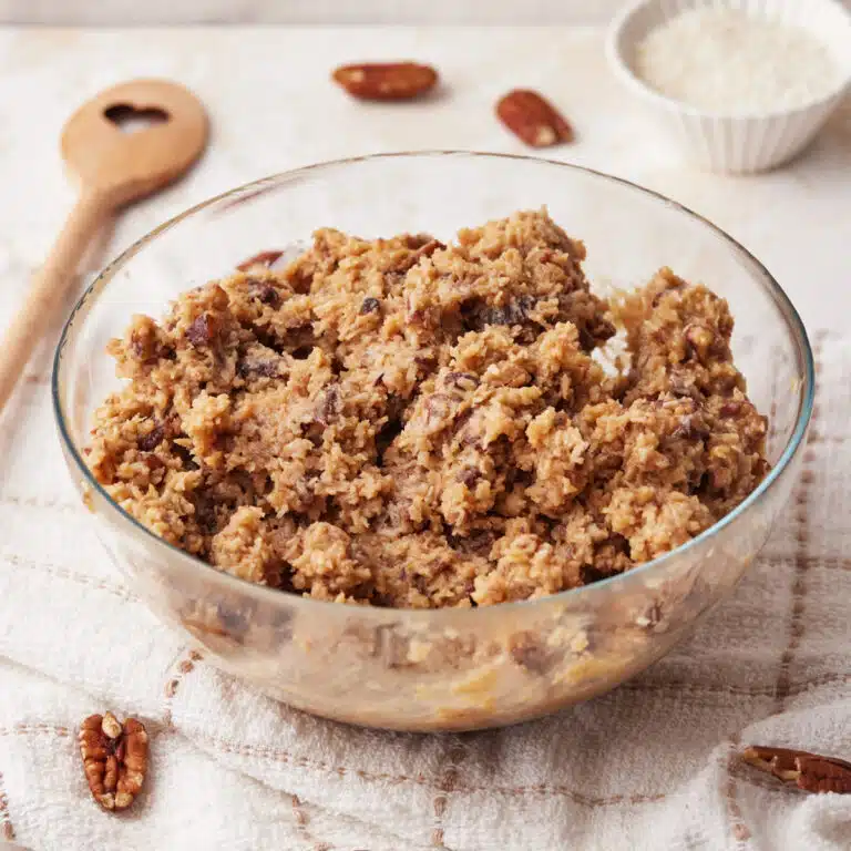 German chocolate frosting in a glass bowl.