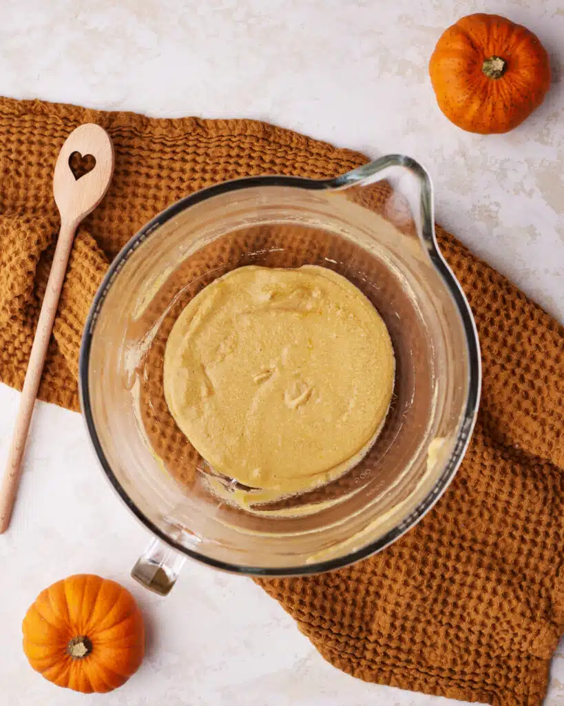 process shot of making pumpkin bundt cake.