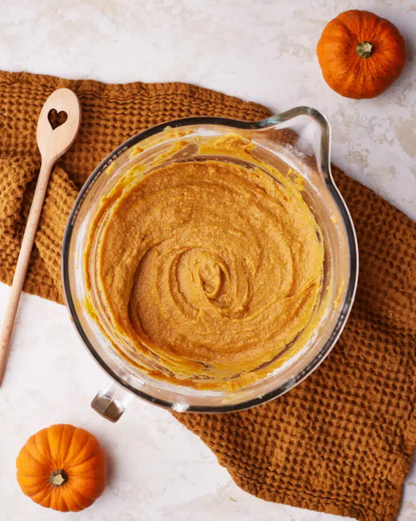 process shot of pumpkin bundt cake batter.
