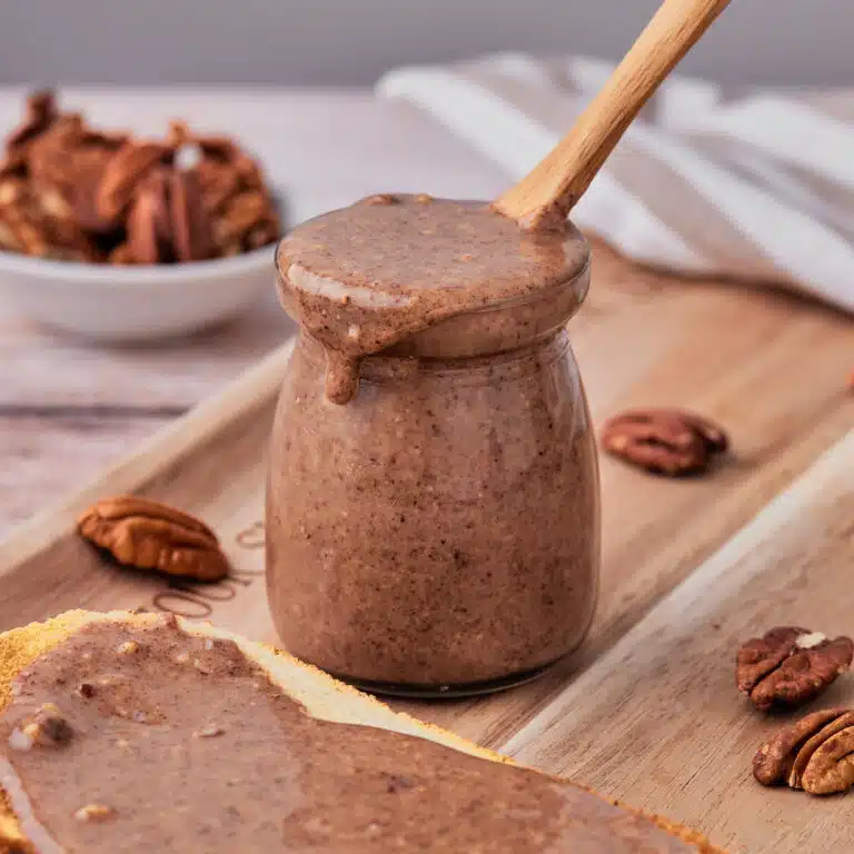 Pecan butter in a glass jar with a small wooden spoon in it.