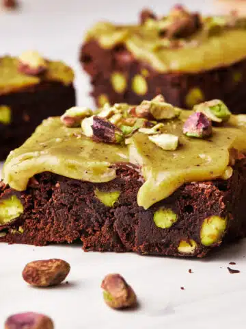 Pistachio brownie with pistachio ganache on top.