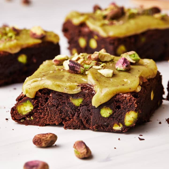 Pistachio brownie with pistachio ganache on top.