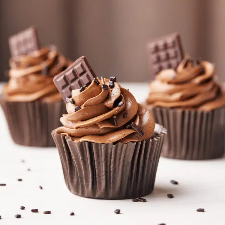 Chocolate cupcakes in brown paper cases with chocolate buttercream frosting and a mini chocolate bar sticking out the side.