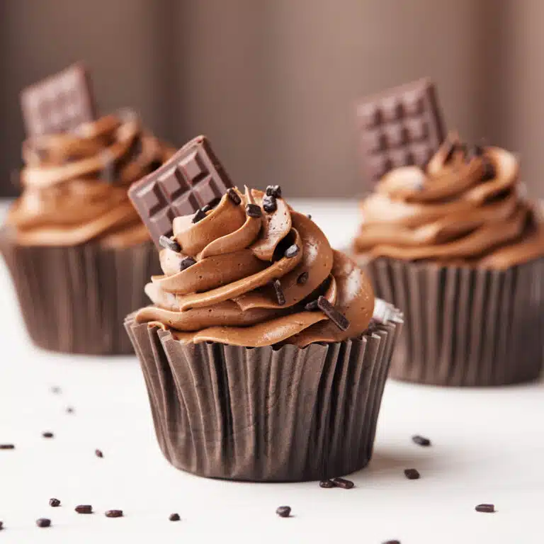 Chocolate cupcakes in brown paper cases with chocolate buttercream frosting and a mini chocolate bar sticking out the side.