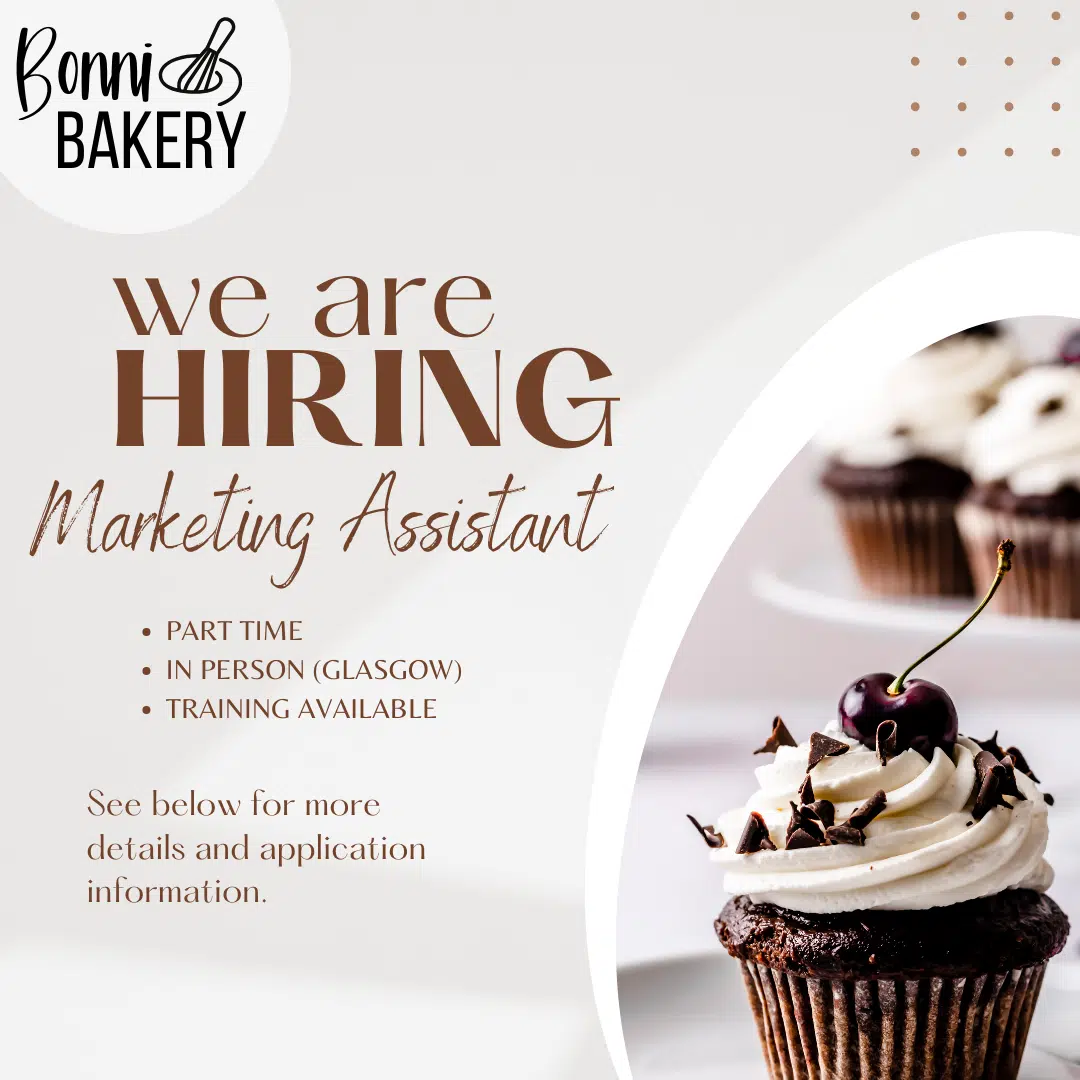 Job vacancy listing for marketing assistant at bonni bakery. 