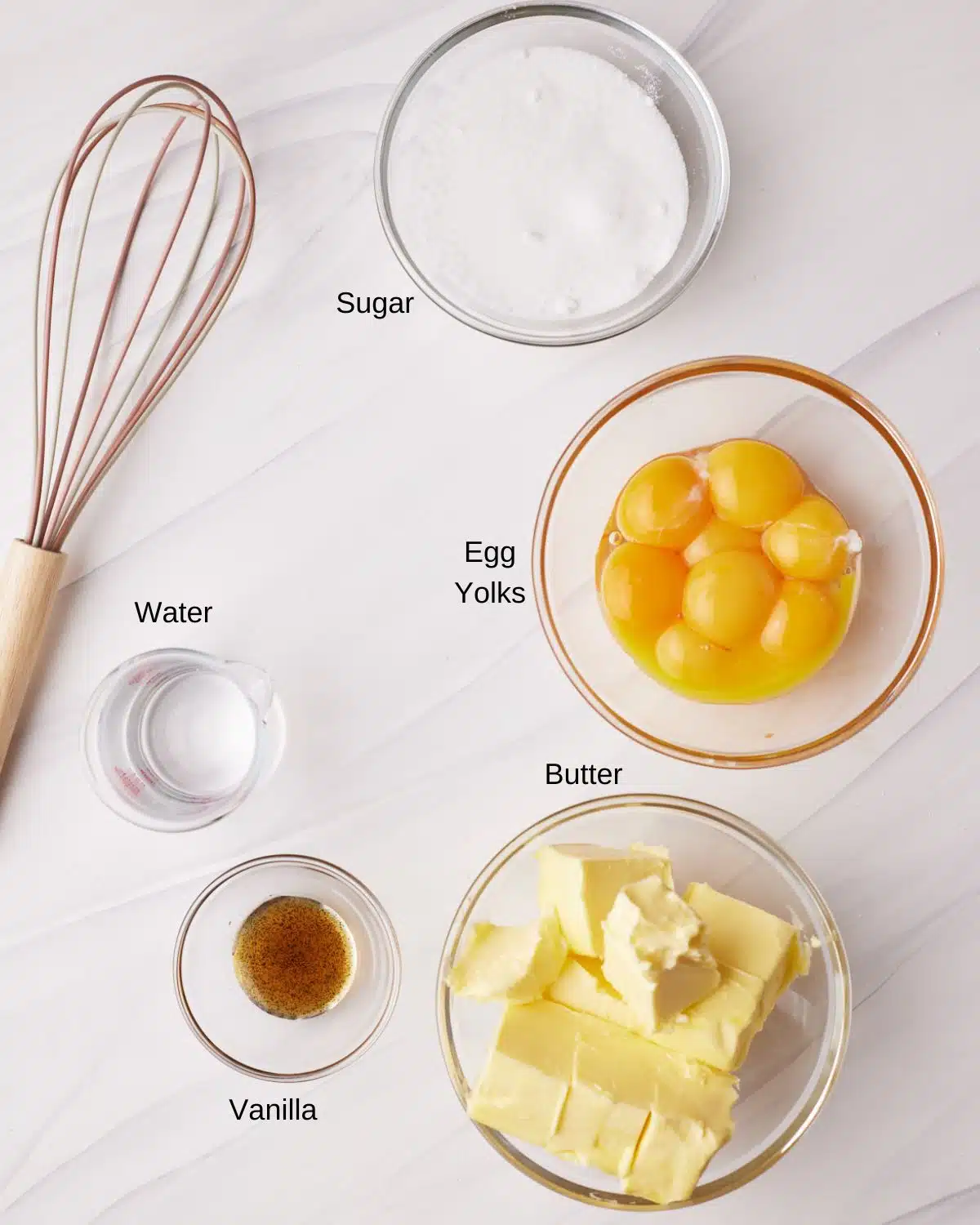 Ingredients to make French Buttercream - egg yolks, sugar, water, vanilla and butter.