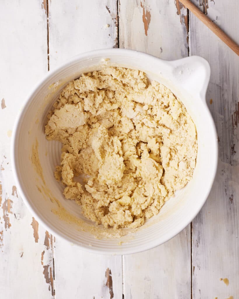 Crumbly shortbread dough before it has been brought together.