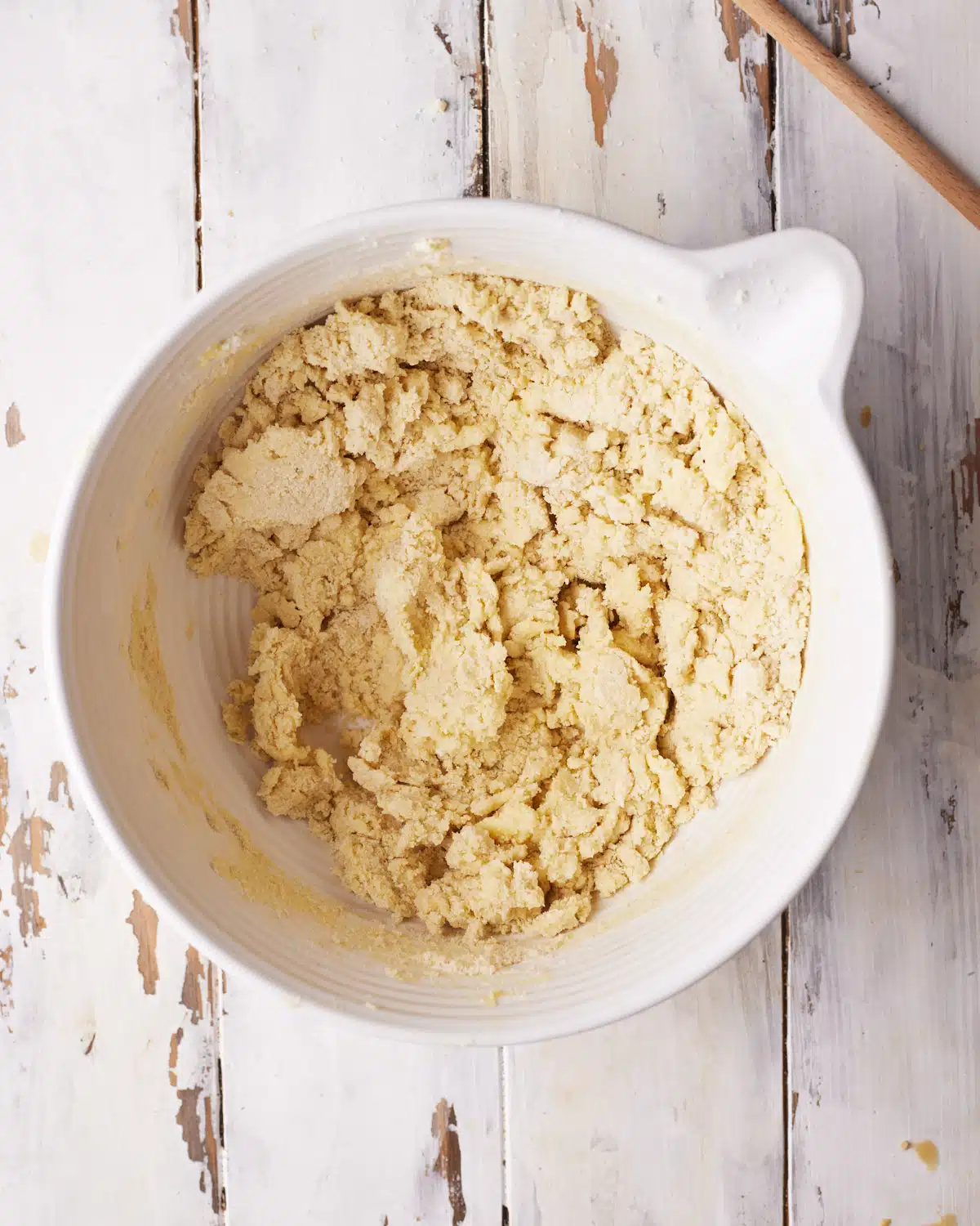 Crumbly shortbread dough before it has been brought together.