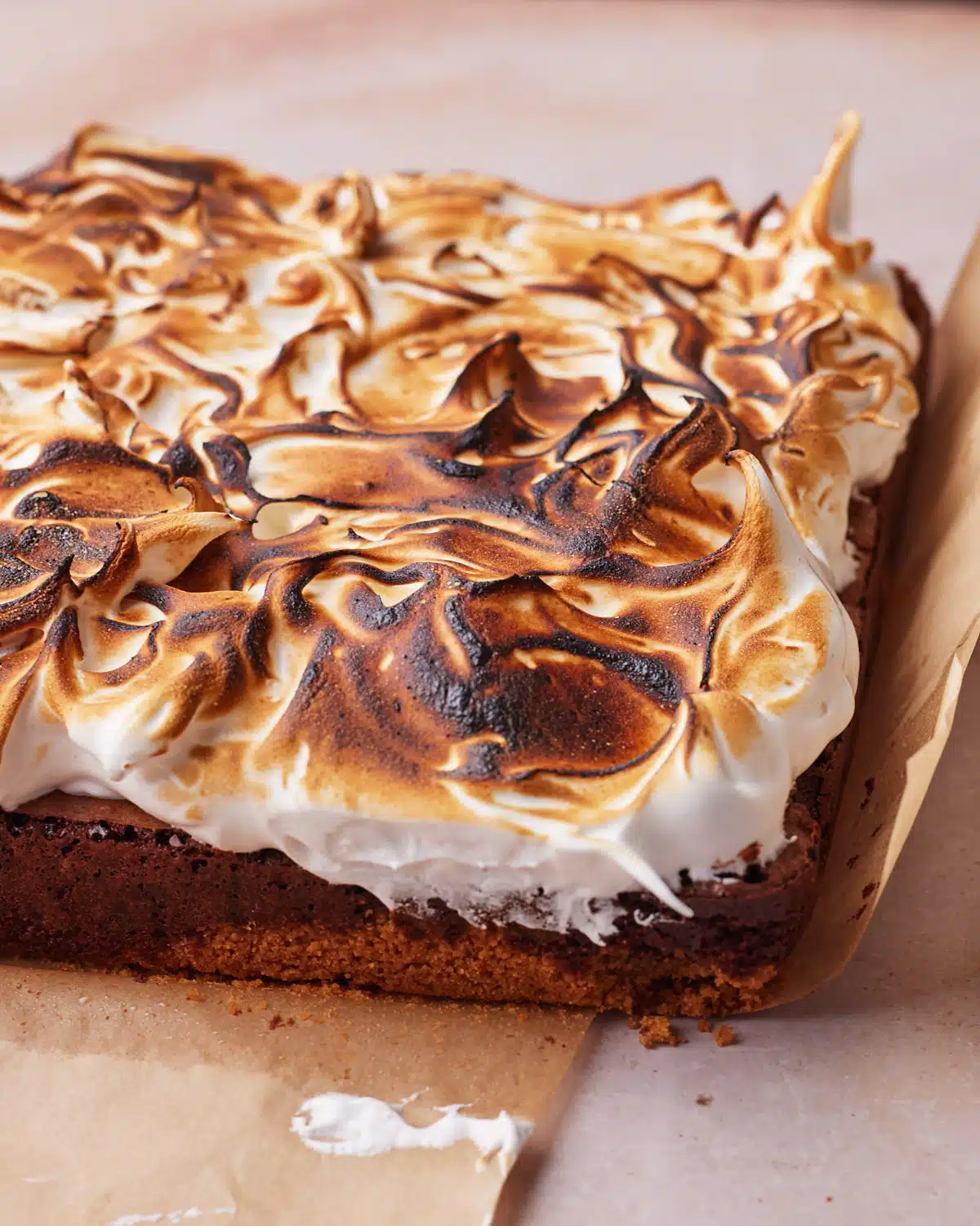 Torched marshmallow frosting on top of s'mores brownies.