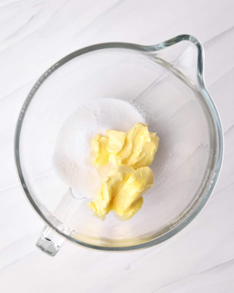 Butter and sugar in a mixing bowl, ready to be turned into frangipane for a bakewell tart. 