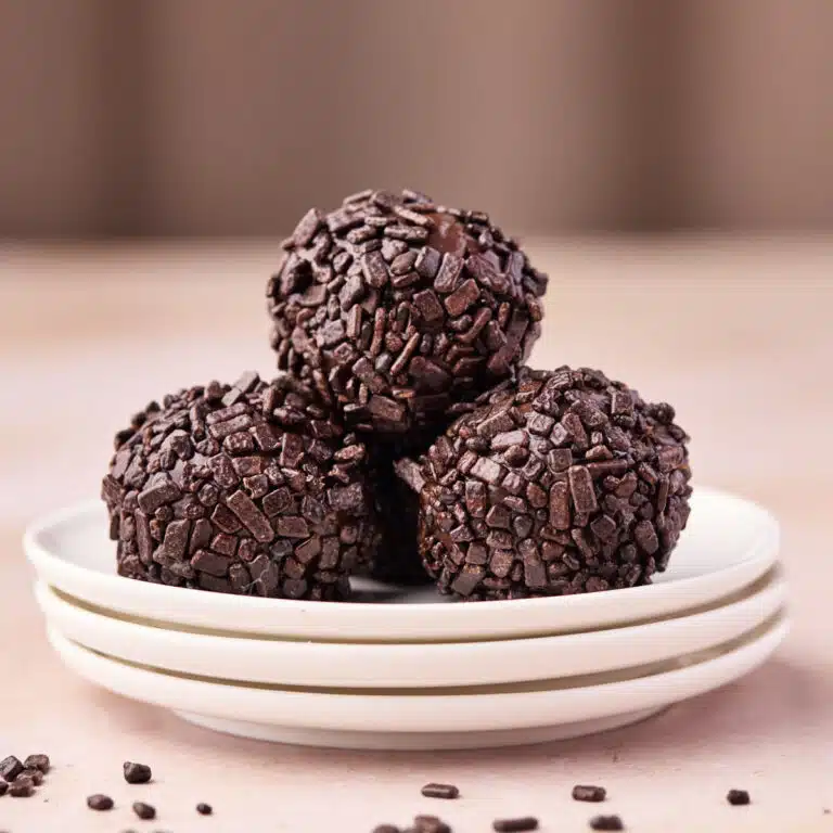 Three brigadeiro piled on top of tiny plates, covered in chocolate sprinkles.