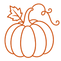Orange line drawing of a pumpkin.