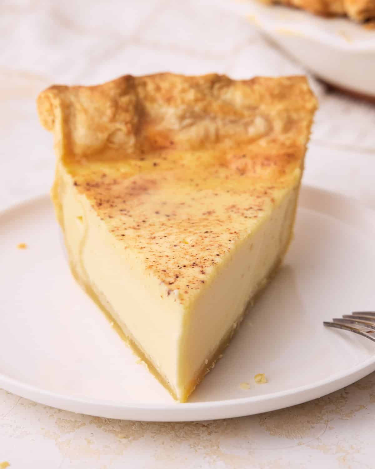 Head on close up of a slice of custard pie, showing the perfect slice and sharp edges. 