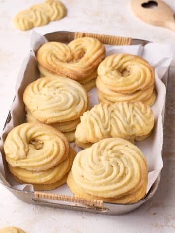 Tray of Danish butter cookies in various shapes.