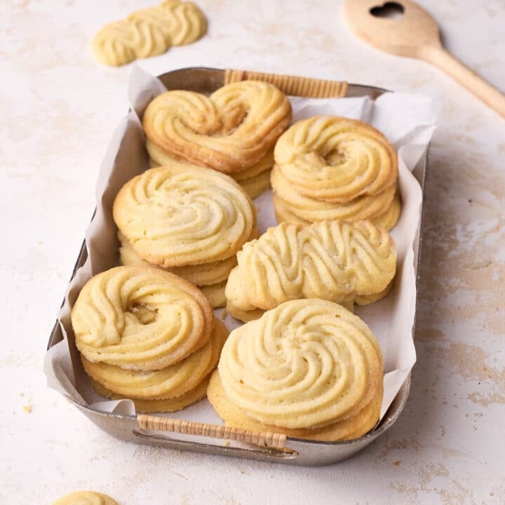 Tray of Danish butter cookies in various shapes.