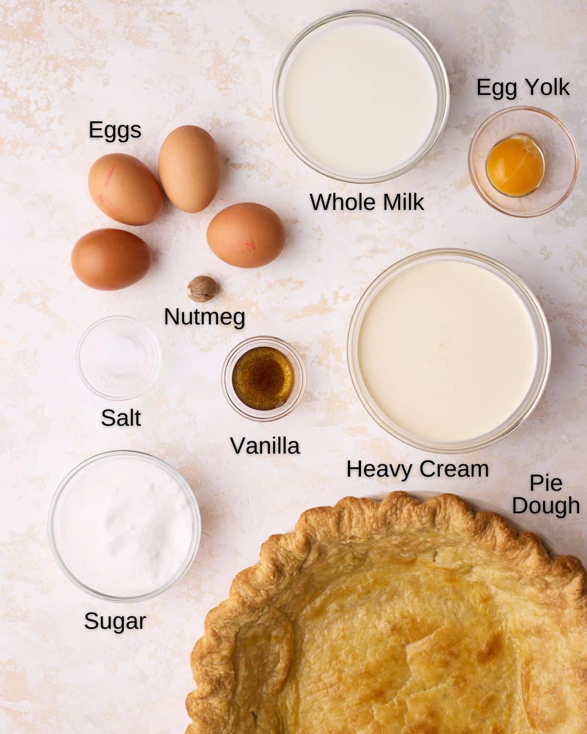 Ingredients to make classic custard pie - pie dough, eggs, whole milk, heavy cream, egg yolk, vanilla, sugar, salt and nutmeg. 