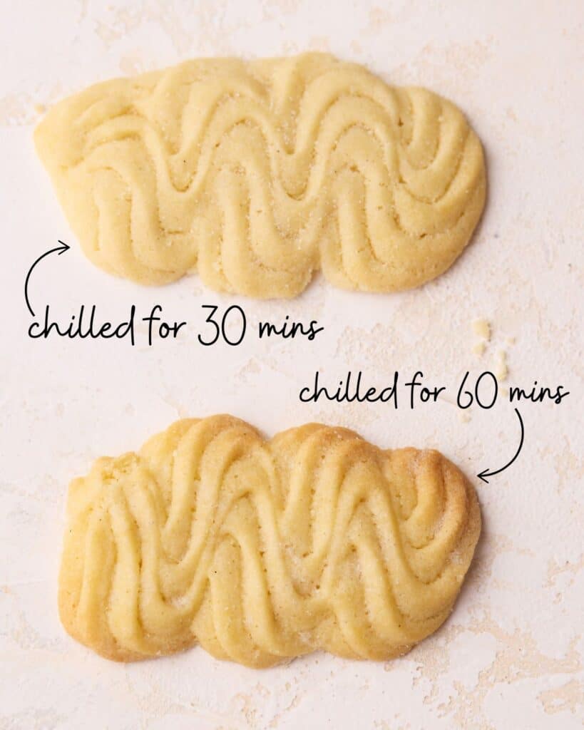 Comparison of how Danish butter cookies look when they have been chilled for 30 minutes vs 60 minutes. 