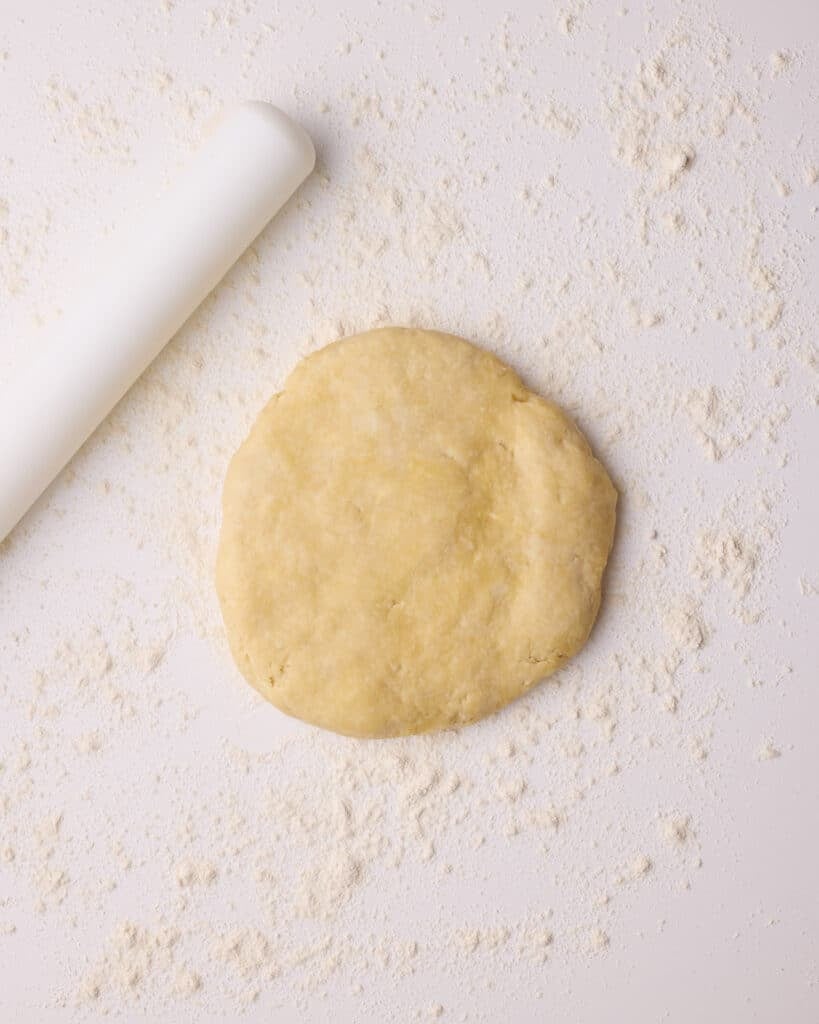 Homemade pie dough in a flat disk, ready to be rolled out. 