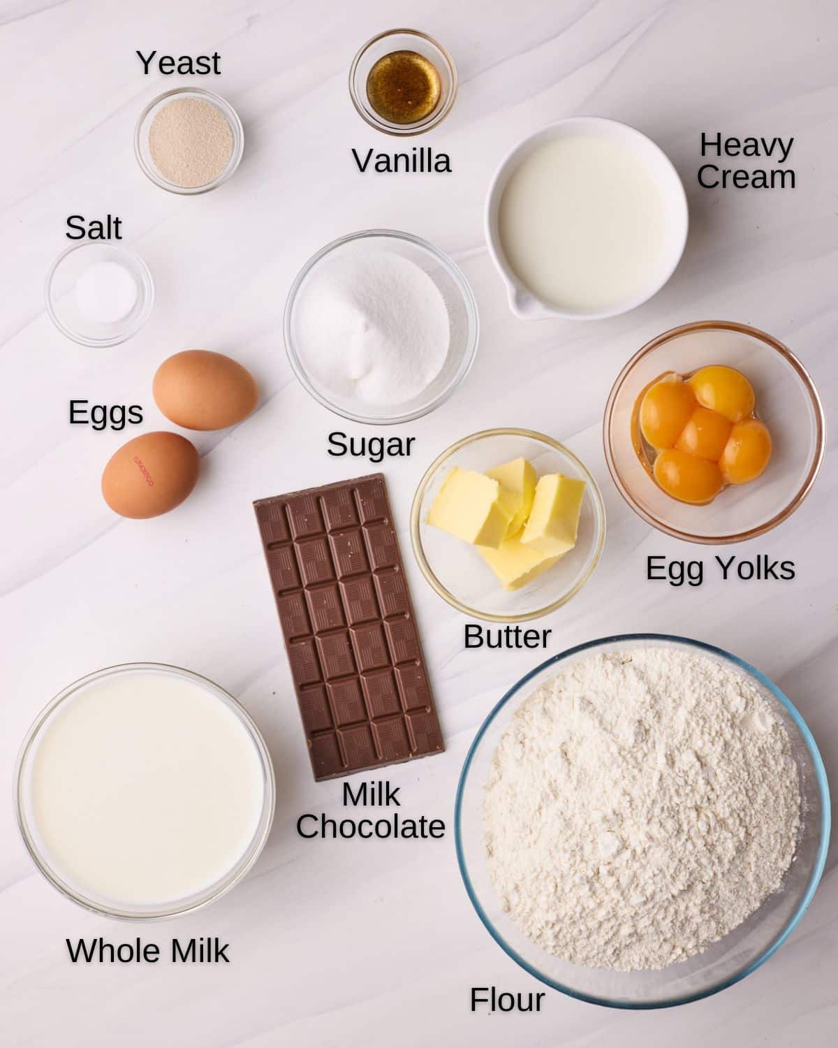 Ingredients to make Boston cream donuts including flour, milk, butter, eggs, egg yolks, milk chocolate, sugar, heavy cream, vanilla, salt and yeast. 