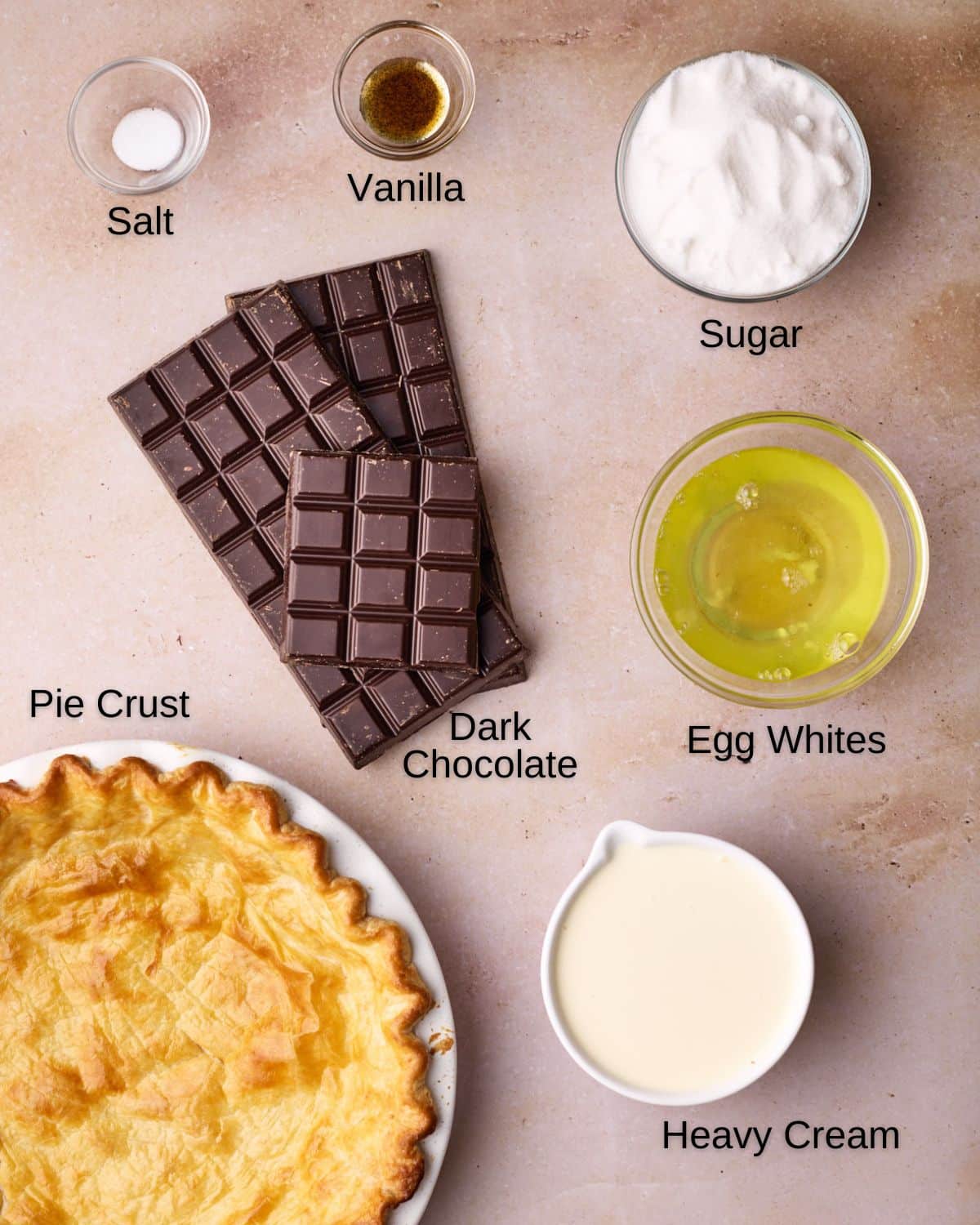 Ingredients to make chocolate mousse pie including dark chocolate, heavy cream, egg whites, sugar, vanilla, salt and a homemade pie crust. 