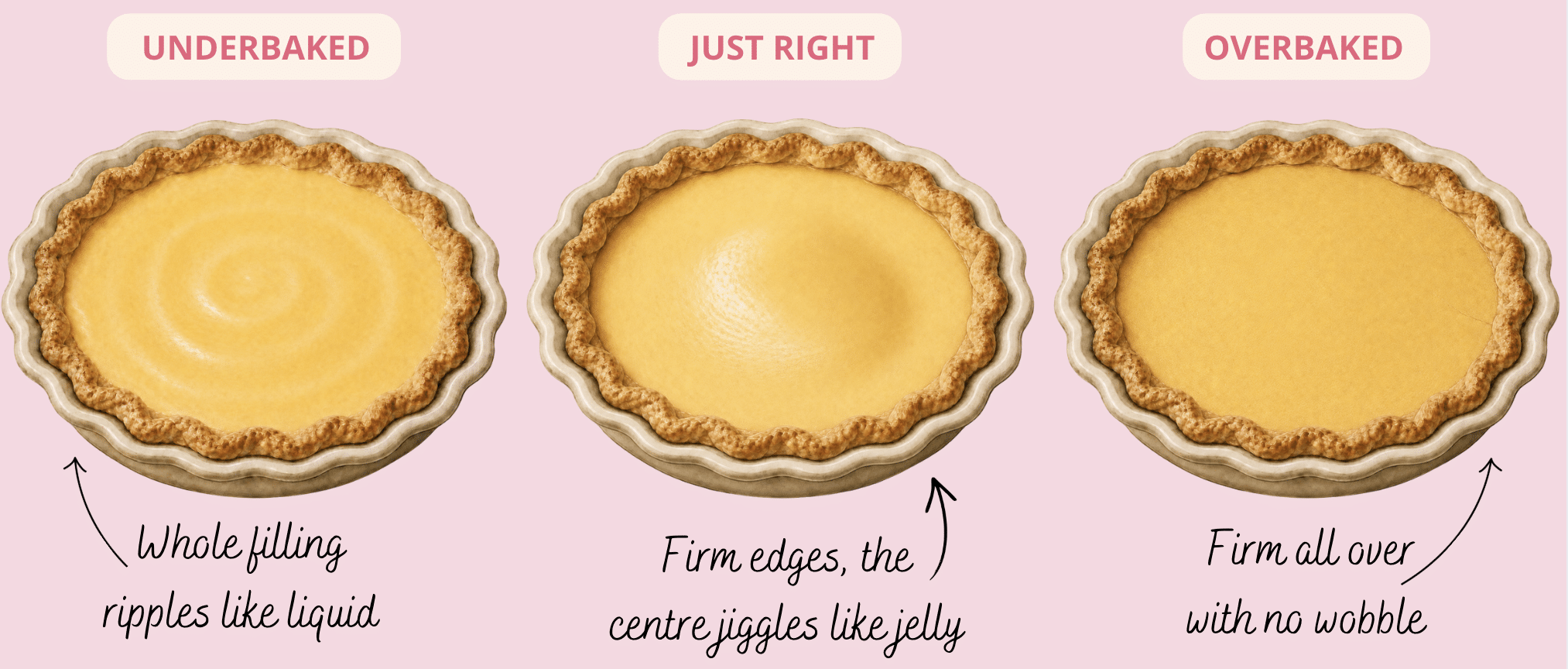 Three custard pies in a row showing how much they wobble when they are underbaked, overbaked, and just right.