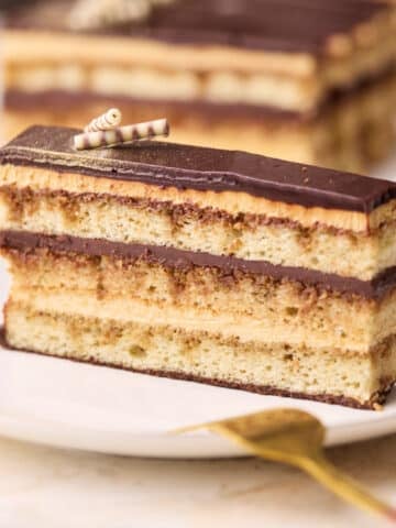 Slice of opera cake on a plate, showing the beautiful layers of almond sponge, coffee buttercream, and chocolate ganache.