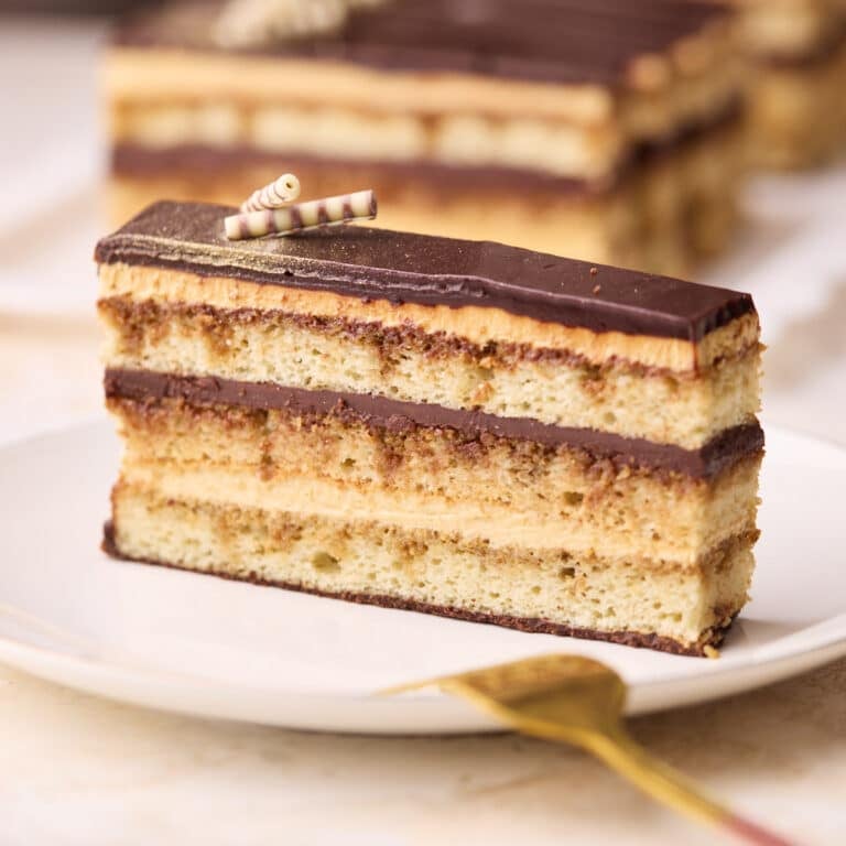 Slice of opera cake on a plate, showing the beautiful layers of almond sponge, coffee buttercream, and chocolate ganache.