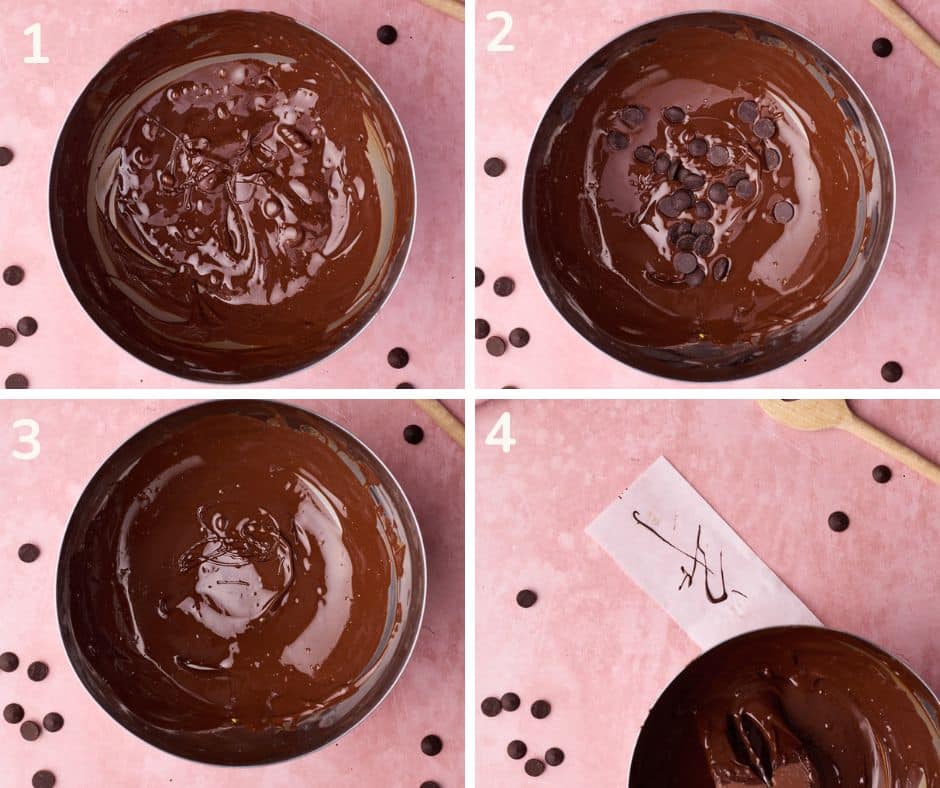 Step by step pictures showing how to temper chocolate. 