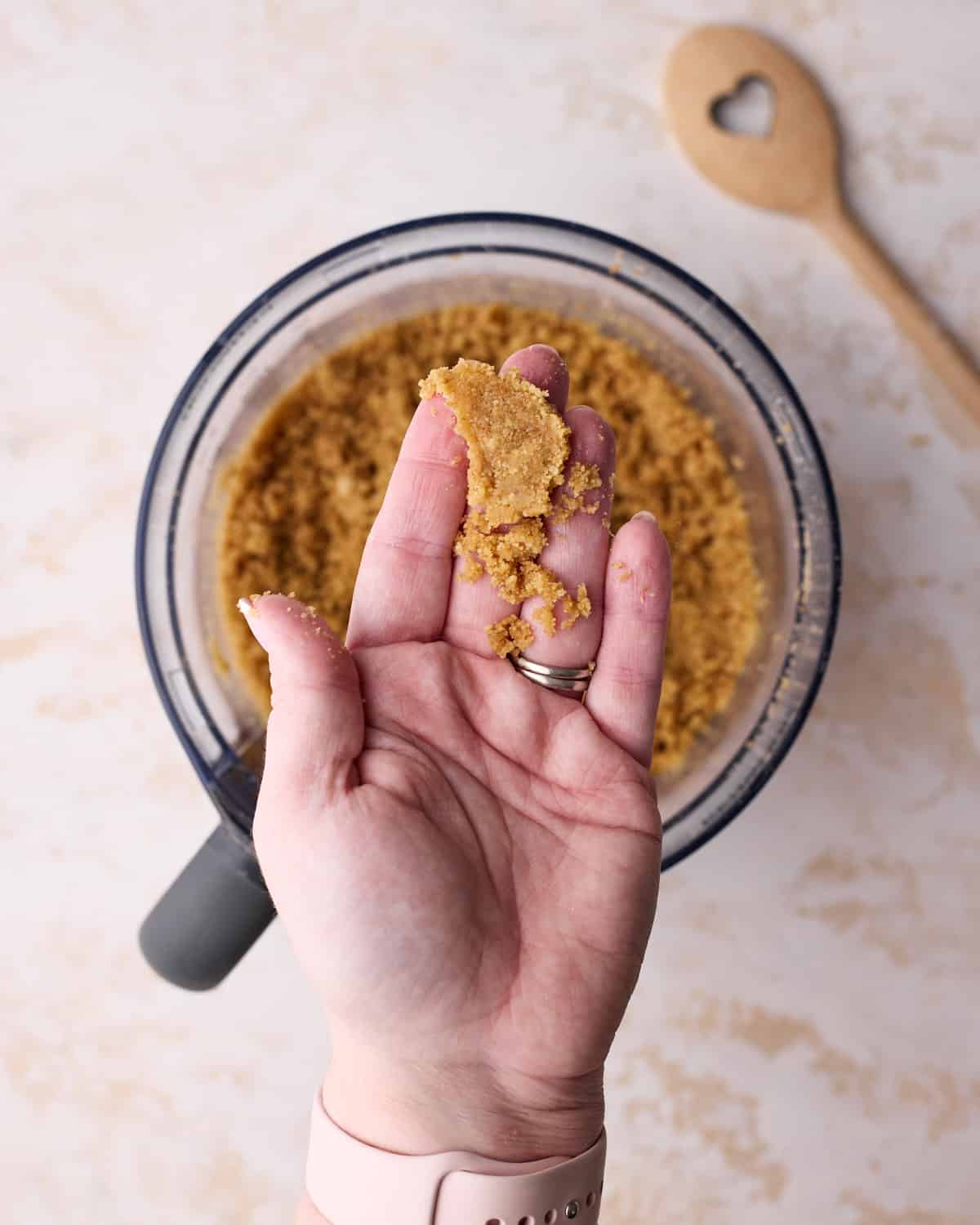Hand holding Graham cracker crumb with the texture of wet sand.
