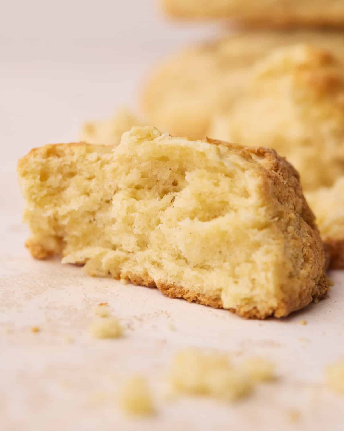Close up of the inside of a scone with fluffy layers.